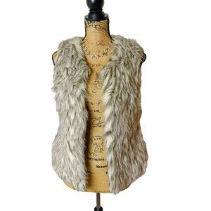 Daytrip Womens Faux Fur Vest S Beige Gray Sleeveless Open Front Soft Y2K Preppy